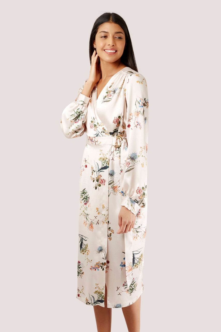 White Floral Cream Long Sleeve Wrap Dress